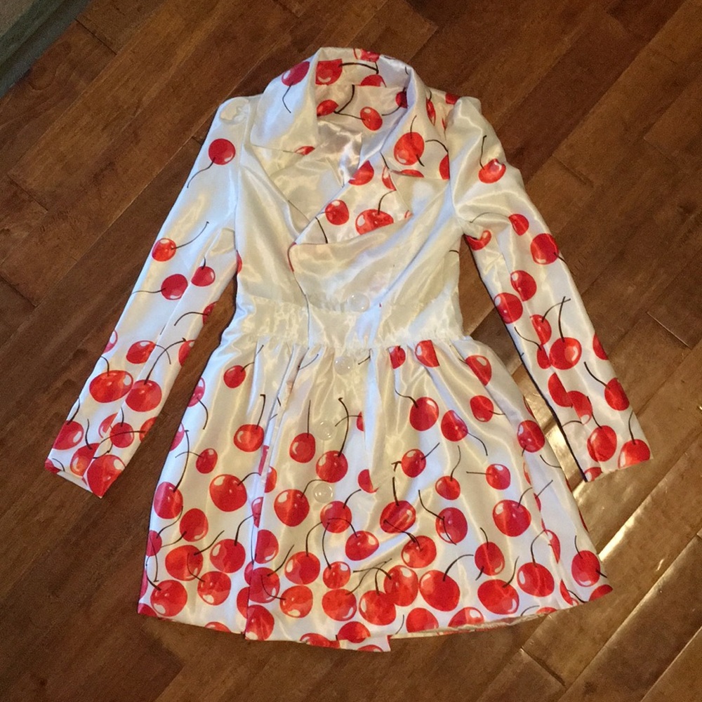 White Cherry-Print Pea Coat